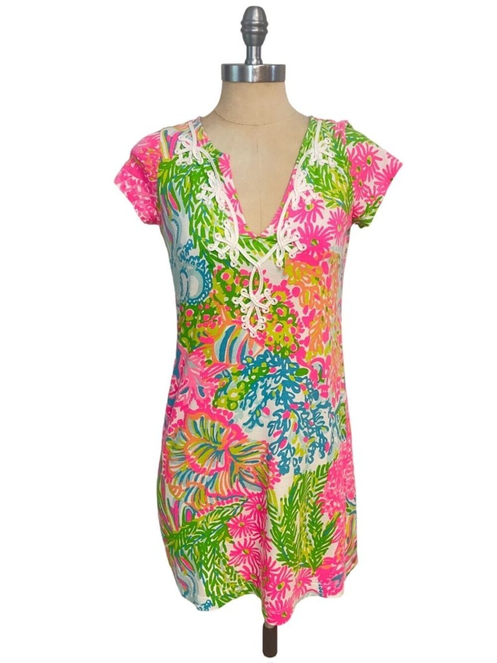 Lilly Pulitzer Pink Blue Floral V Neck Brewster Dress Small